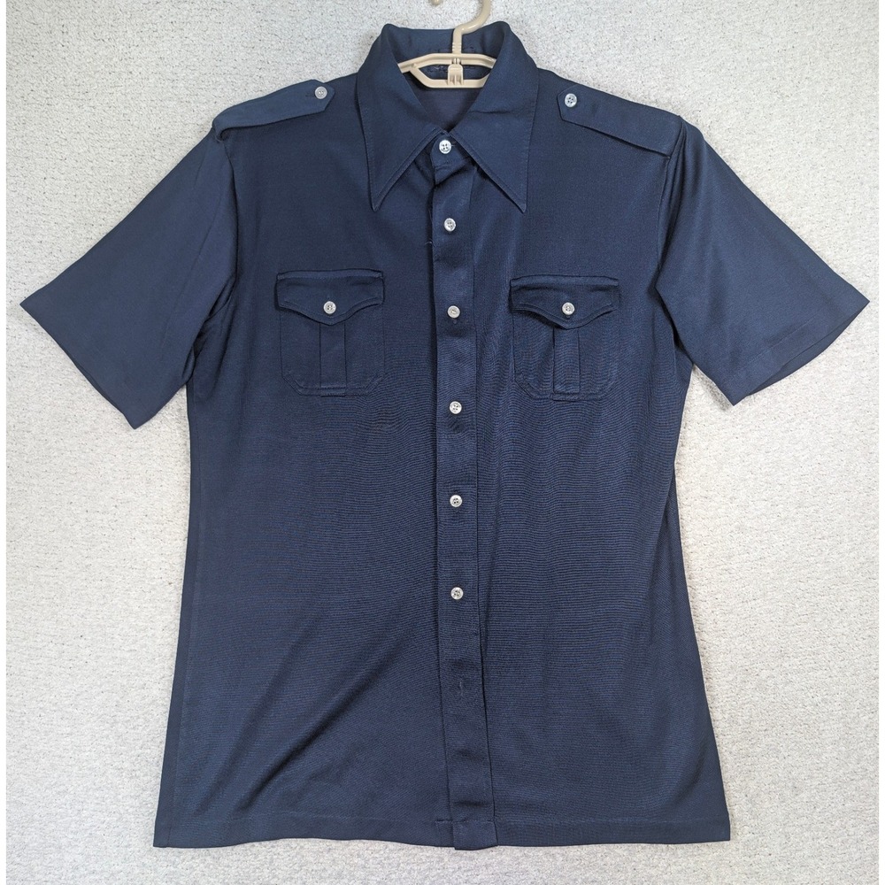 Vintage 70s Enro Short Sleeve Shirt Mens L Navy Blue Poly Cotton Epaulettes